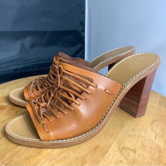 J. CREW Sandals Womens Sz 7.5 Marlow Tan Brown Woven Huarache Mule Heel Leather - Picture 2 of 11